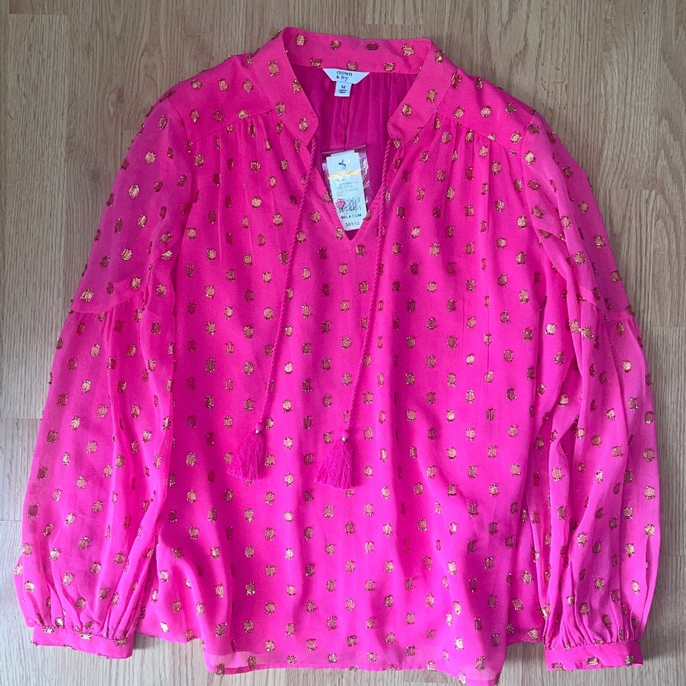 Crown & Ivy Pink Rave Chiffon Long Sheer Sleeve Lined Loose Fit Top Size Medium